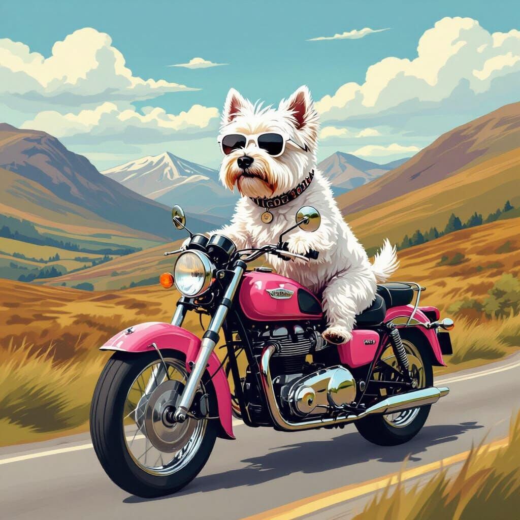 Westie on Motorcycle in Lichtenstein-esque Style