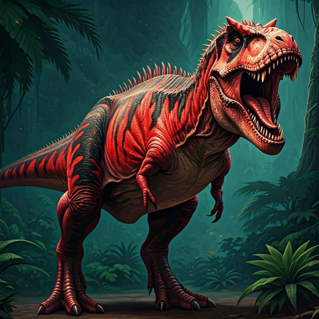 Striking Red T-Rex in a Prehistoric Landscape
