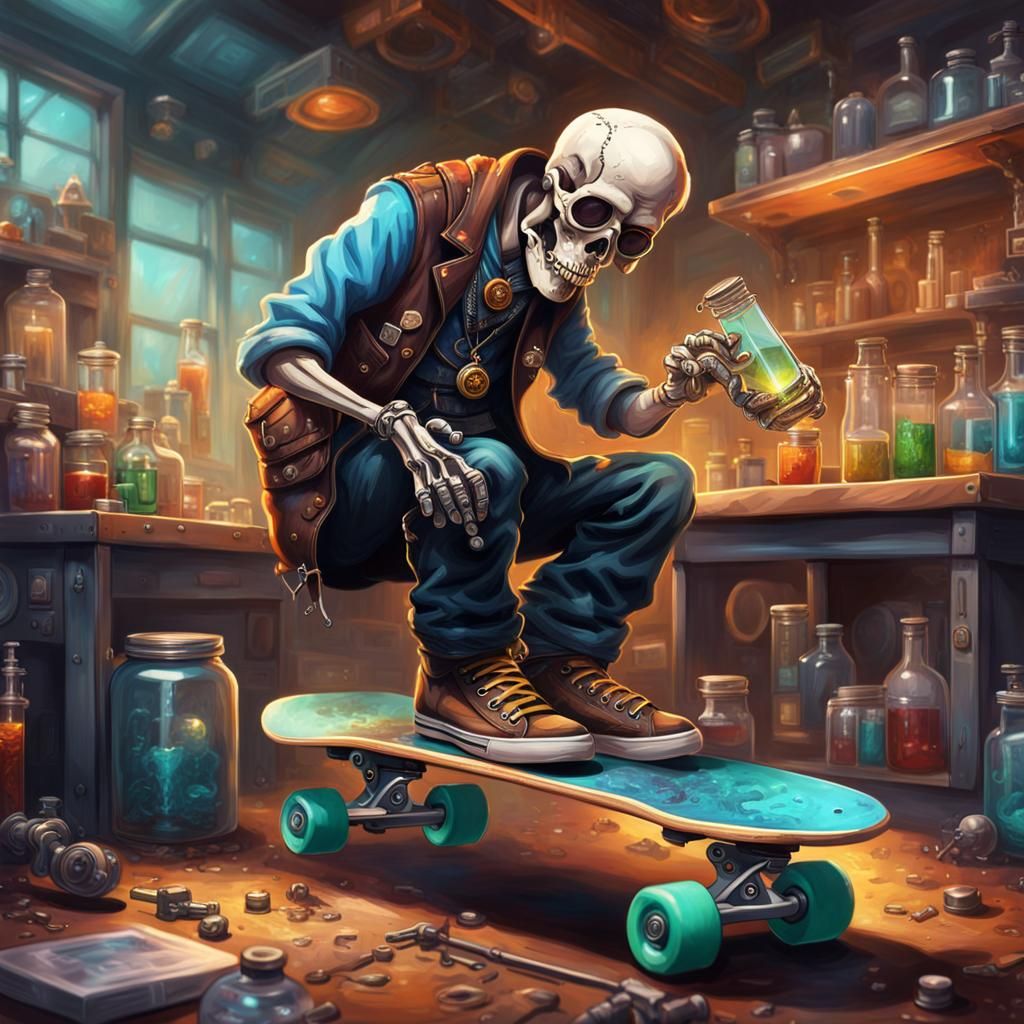 Steampunk Skeleton Scientist on Skateboard, Splash Art