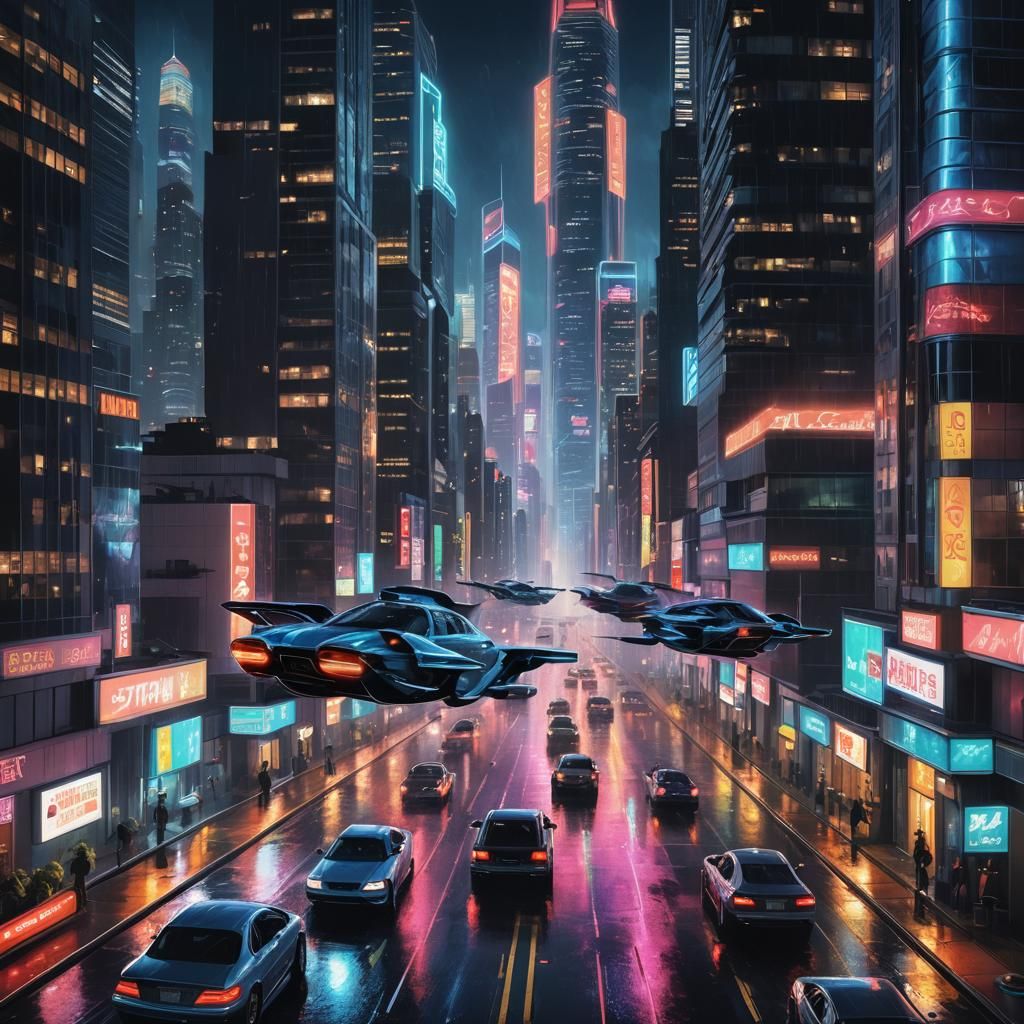Neon Cityscape with Flying Cars: Cyberpunk Digital Art