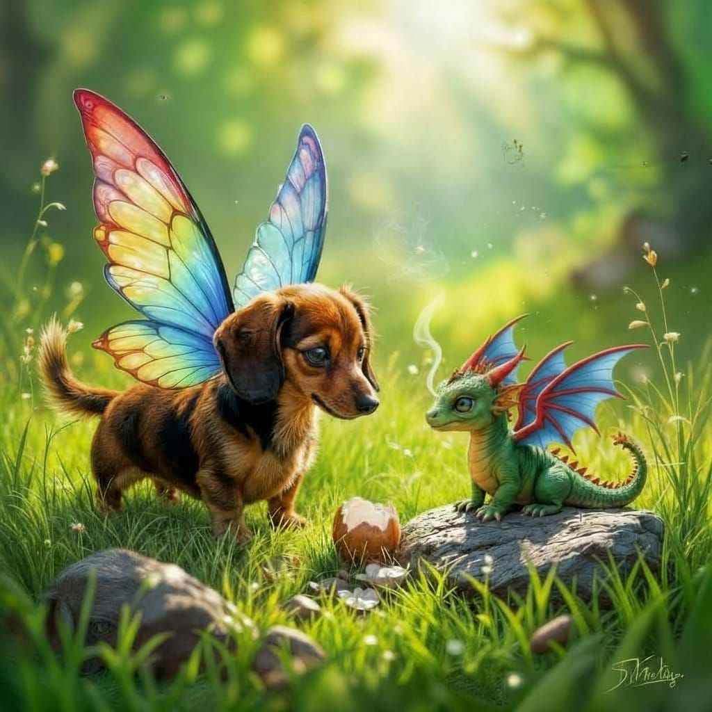 Red Dachshund with Fairy Wings Meets Baby Dragon