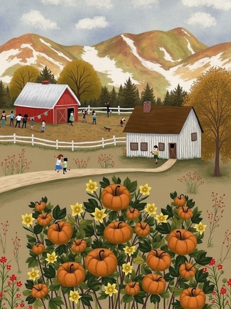 Whimsical Family Harvest in Folk Art Style