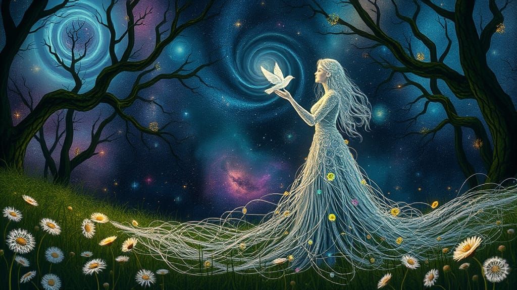 Filigree Woman Kissing Bird in Bioluminescent Forest