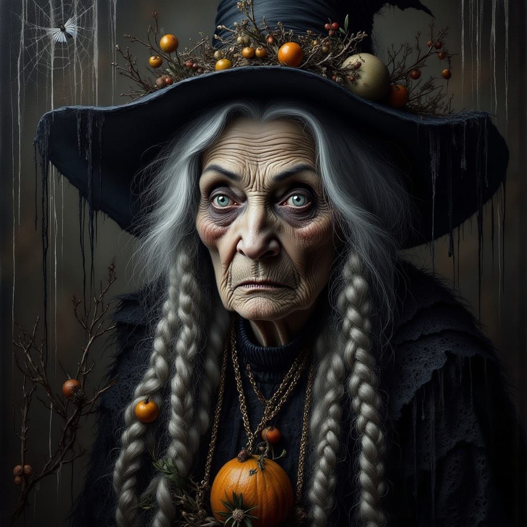Elderly Witch in Lace Gown with Hazel Flowers