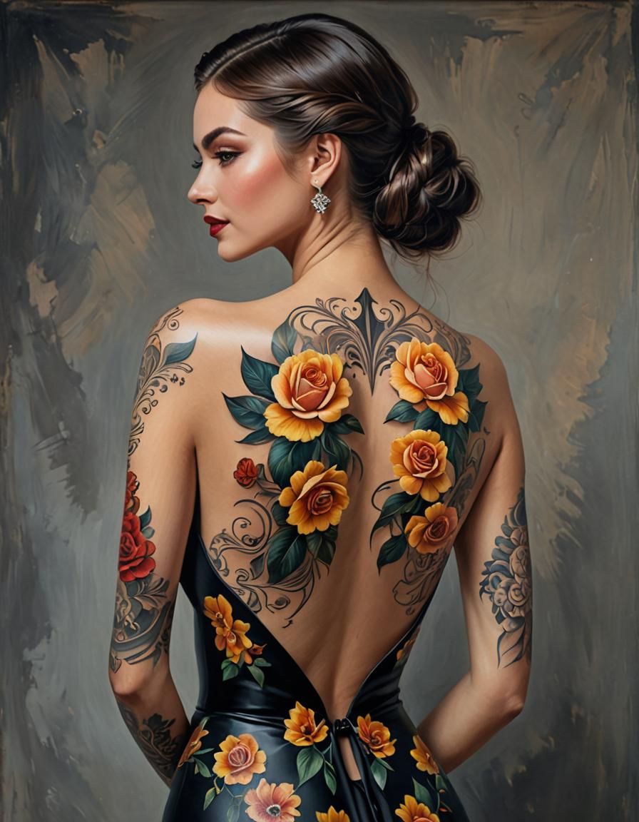 Fashion Model with Tattoo Art in Oil Painting Style
