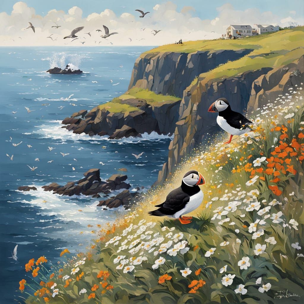 Puffin on Cliff Edge Above Crashing Waves