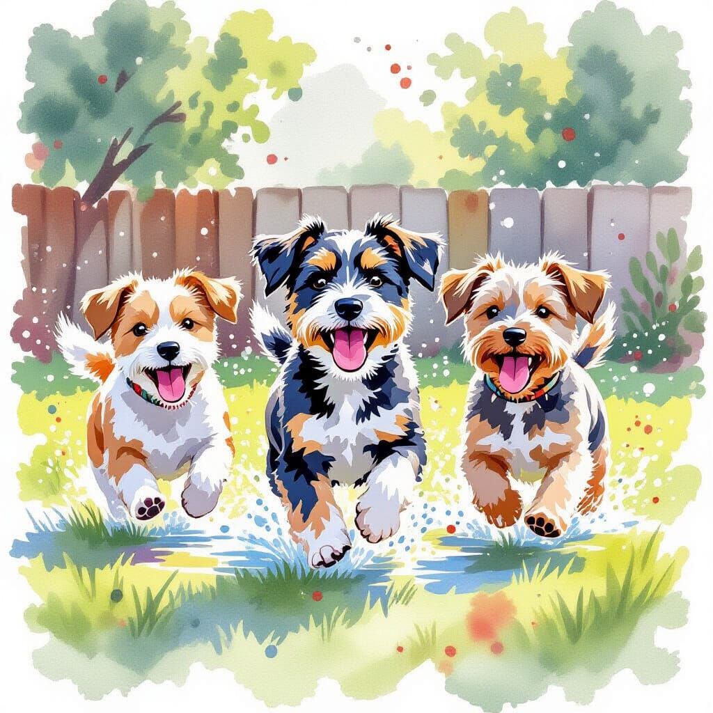 Terrier Mix Puppies Play in Watercolor Splatter Style