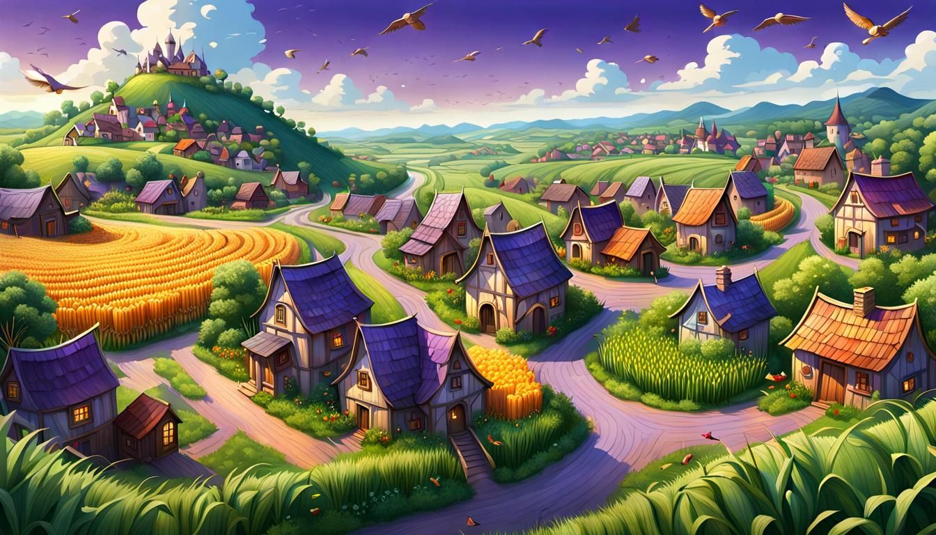 Storybook Village Amidst Lush Fields: Panoramic Landscape