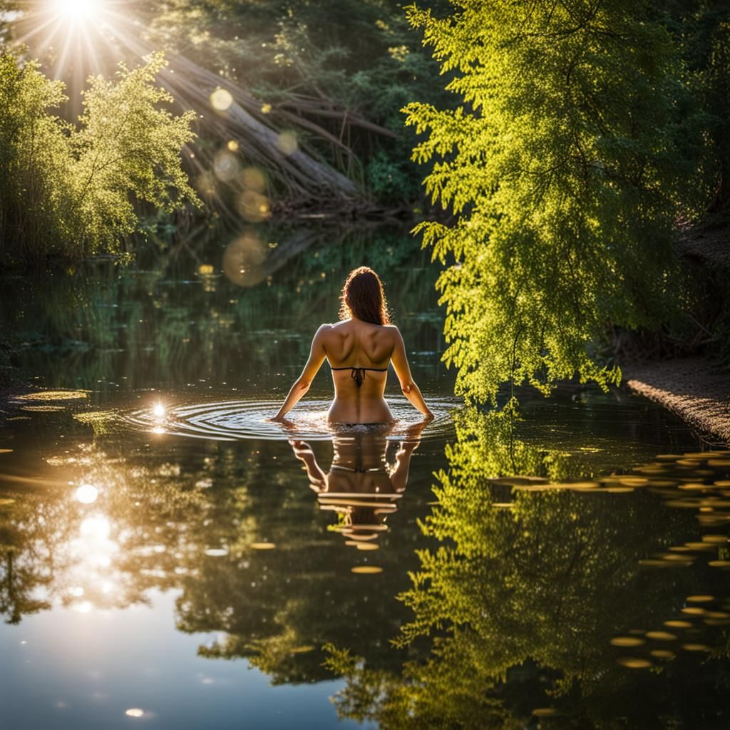 Sunlit Lake: Woman Bathing in Reflected Light