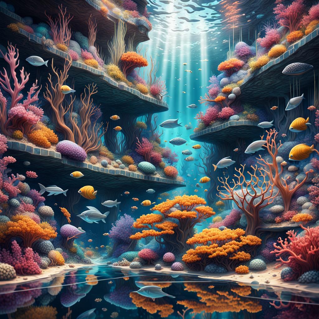 an imaginative, surreal underwater world filled with marine wonders abstract mosaic art