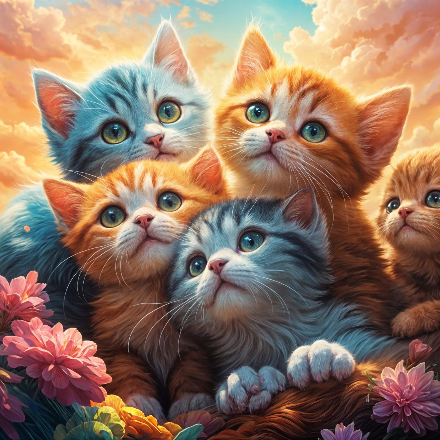 Hyperrealistic Kittens Pile in Splash Art Style