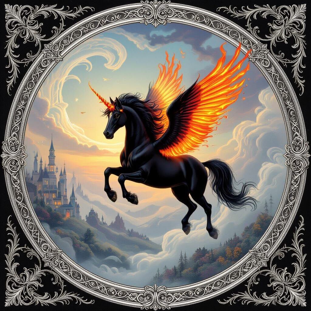 Black Pegasus Soars Through Art Nouveau Dreamscape