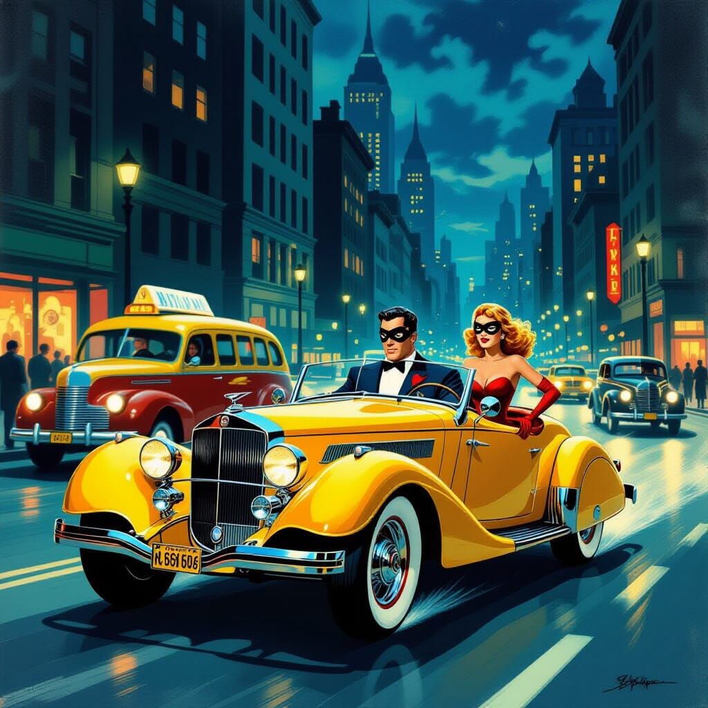 Pulp Crime Duo in Yellow Car, Noir Style