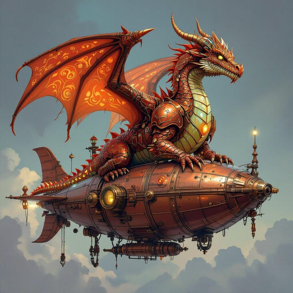 Dragon on Steampunk Airship with Bioluminescent Scales