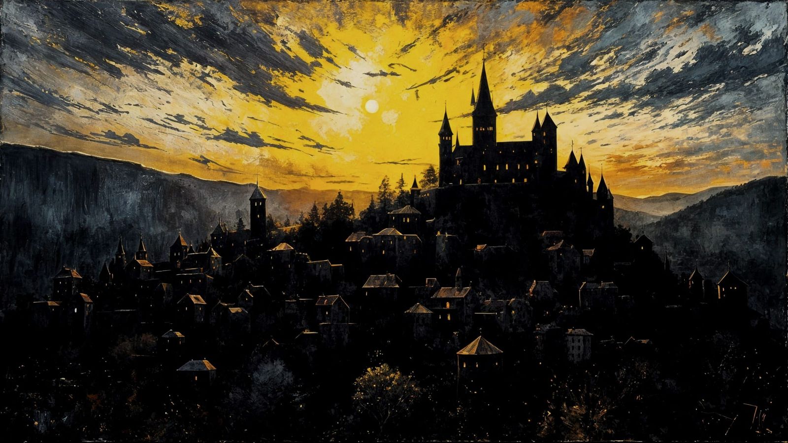 Backlit Castle Silhouette in Abstract Expressionist Style