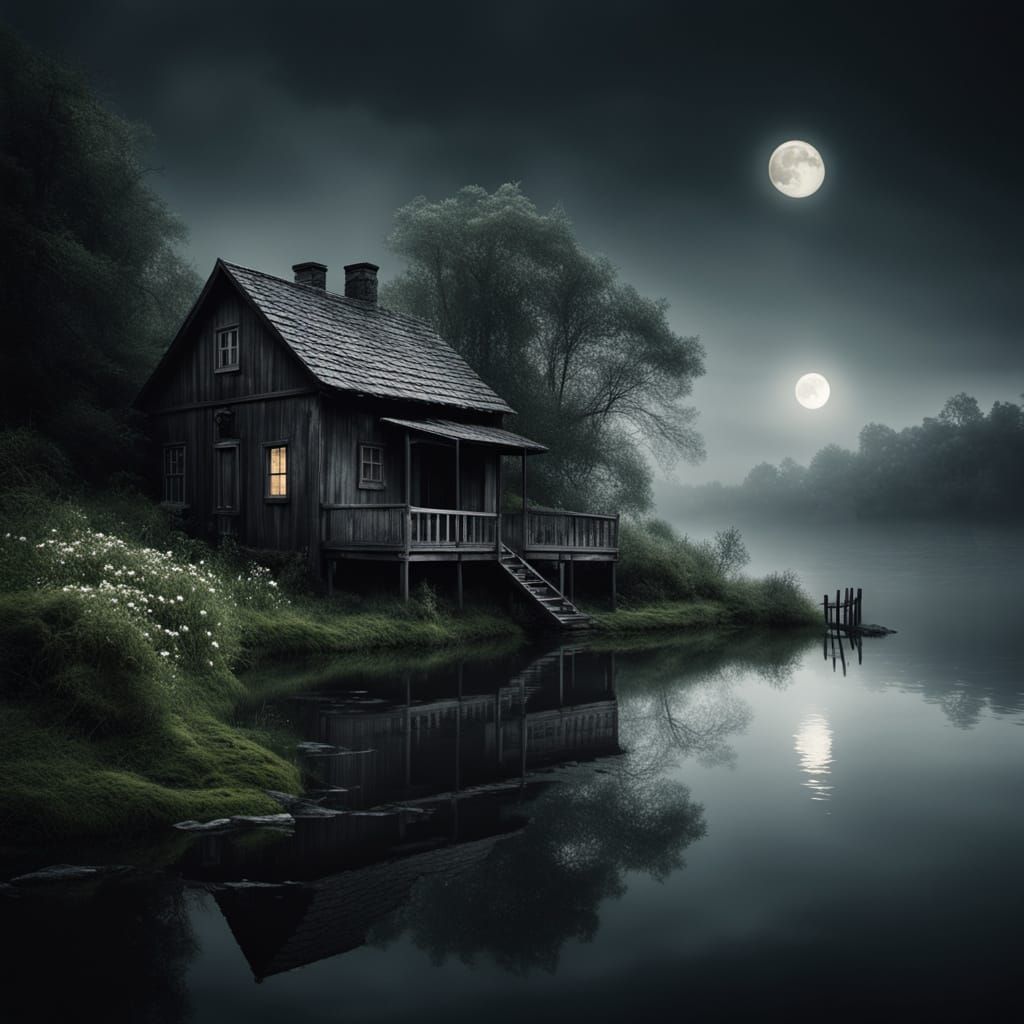 Moody Monochromatic Landscape with Dilapidated House and Mis...