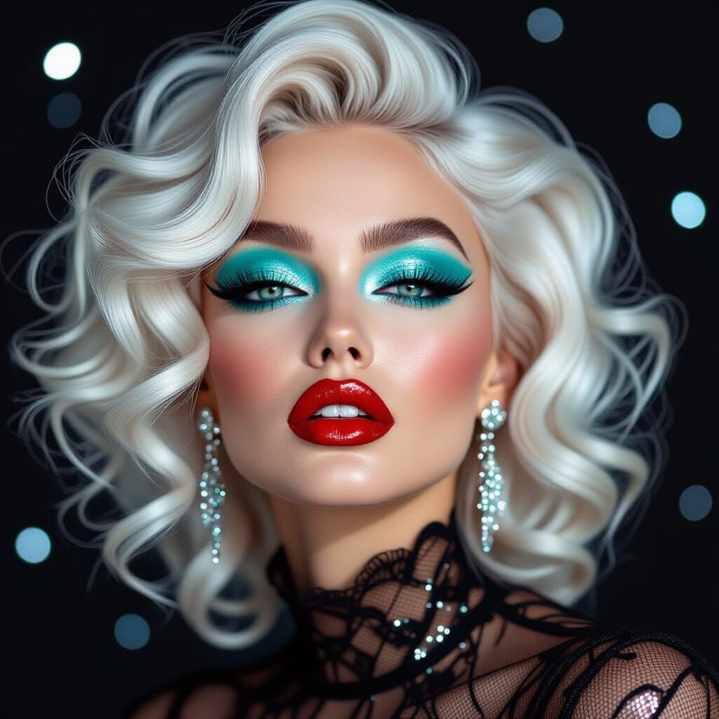 Urban Pop Icon , Platinum hair in loose curls, statement cat...