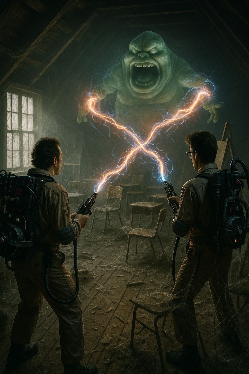 Ghostbusters Capture Ghost in Dusty Attic Photo-Real Style