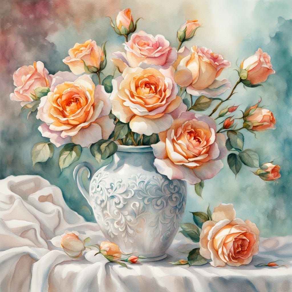 Delicate Roses in Vase: Hyperrealistic Watercolor