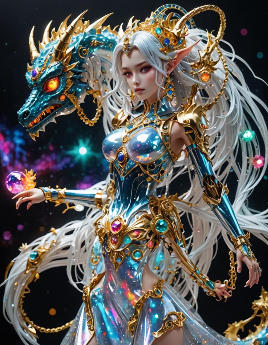 Rainbow Dragon Girl with Metal Skeleton in Manga Style