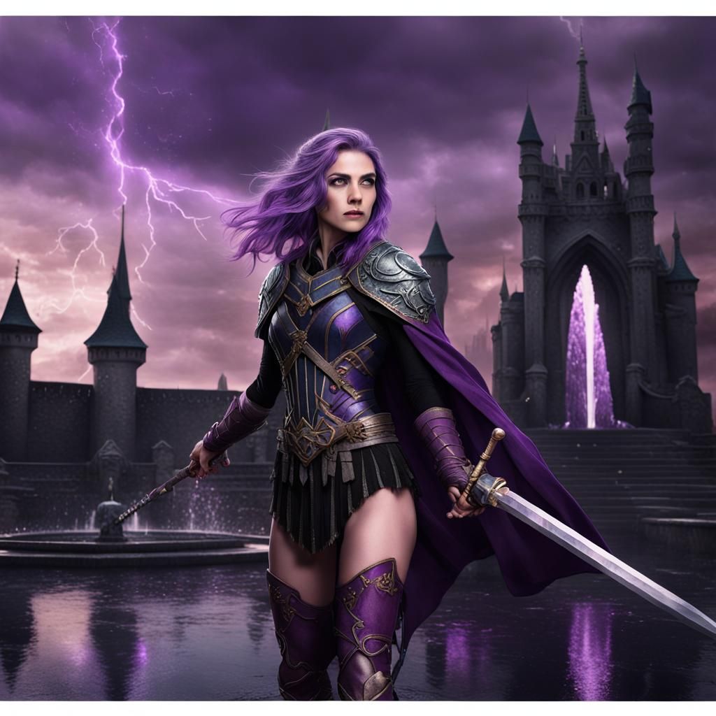 Beautiful purple haired warrior in ominous fantasy setting