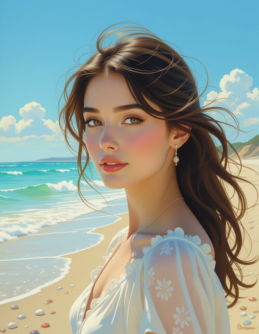 Elegant Lady on Desert Beach in Impressionist Style