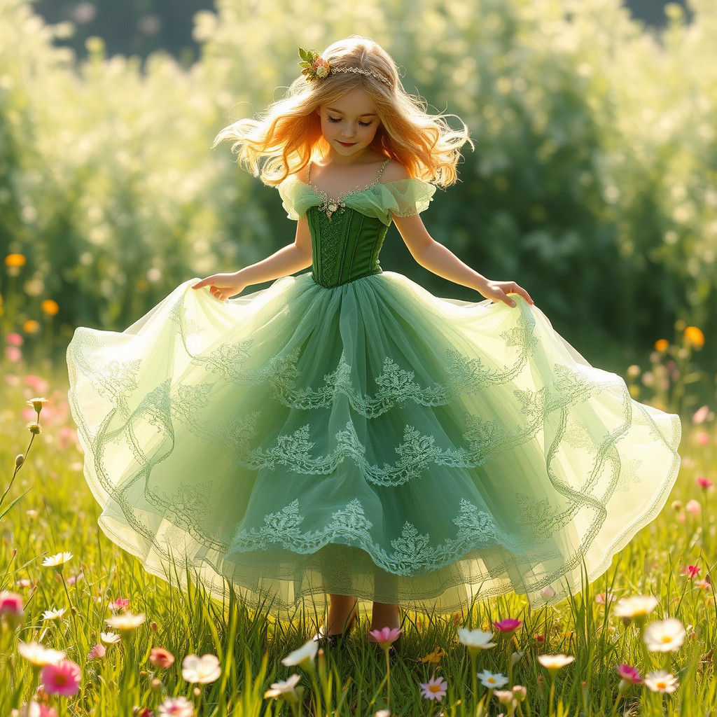 Blonde Princess Dancing in Floral Meadow, Fairy Tale Style