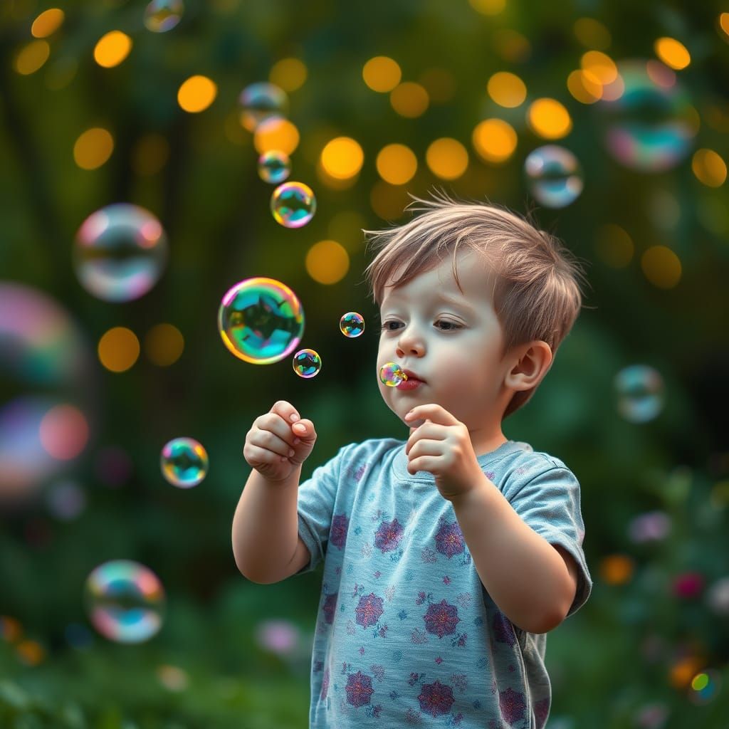 Whimsical Boy Blows Iridescent Bubbles in Enchanted Garden