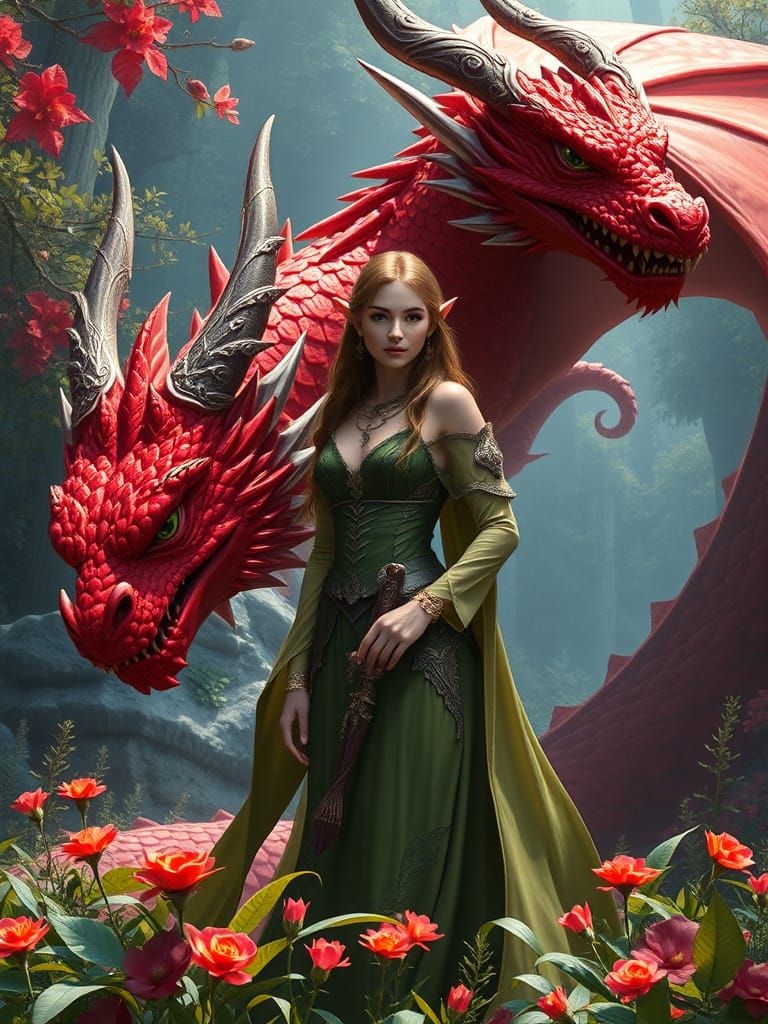 Elf Maiden and Red Dragon: Detailed Matte Painting