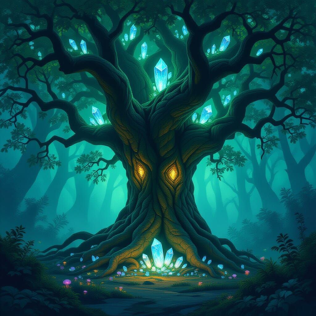 Ancient Tree With Crystal Roots in Mystical Forest