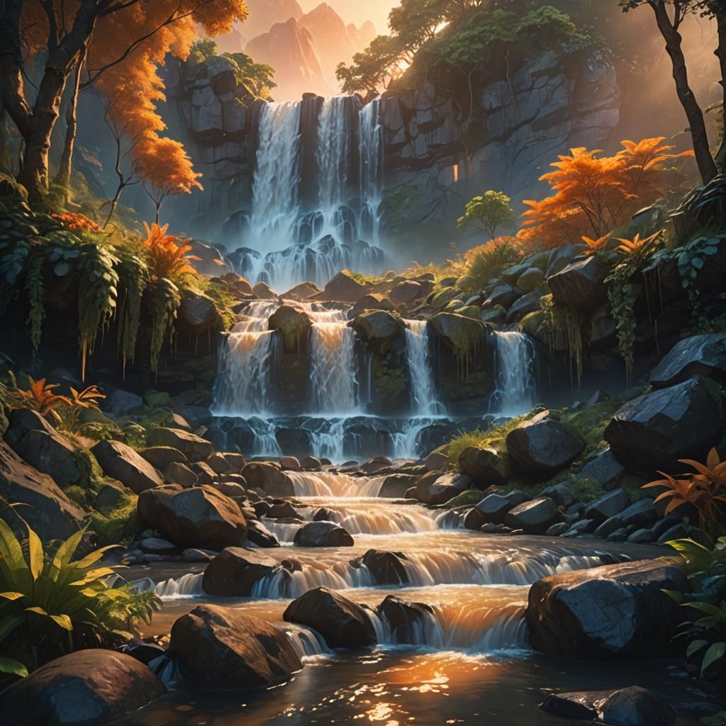 Dreamy Waterfall Sunset: Fantasy Landscape Art