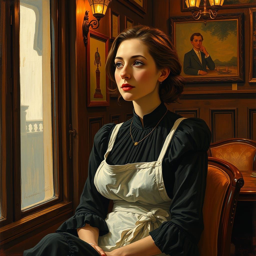 Melancholy Woman in Cafe, Post-Impressionist Style