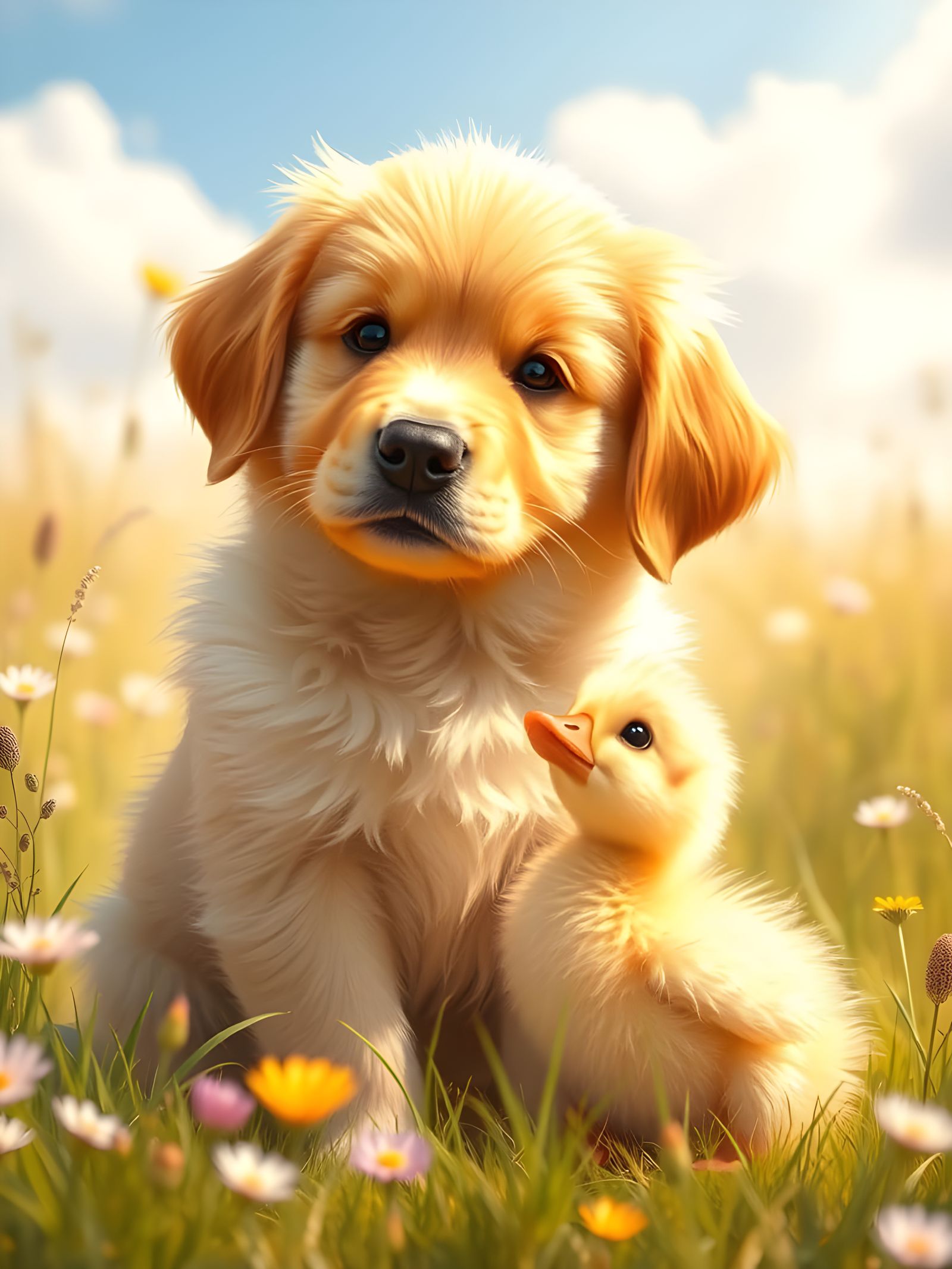 Cute Puppy and Duckling in Sunny Meadow