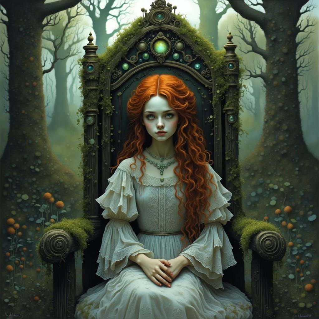Melancholic Redhaired Girl on Throne in Enchanted Garden