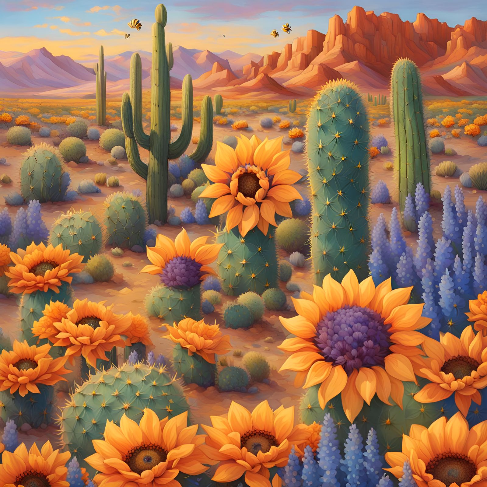 Desert Blooms: Sunflowers, Lupines, and Desert Roses