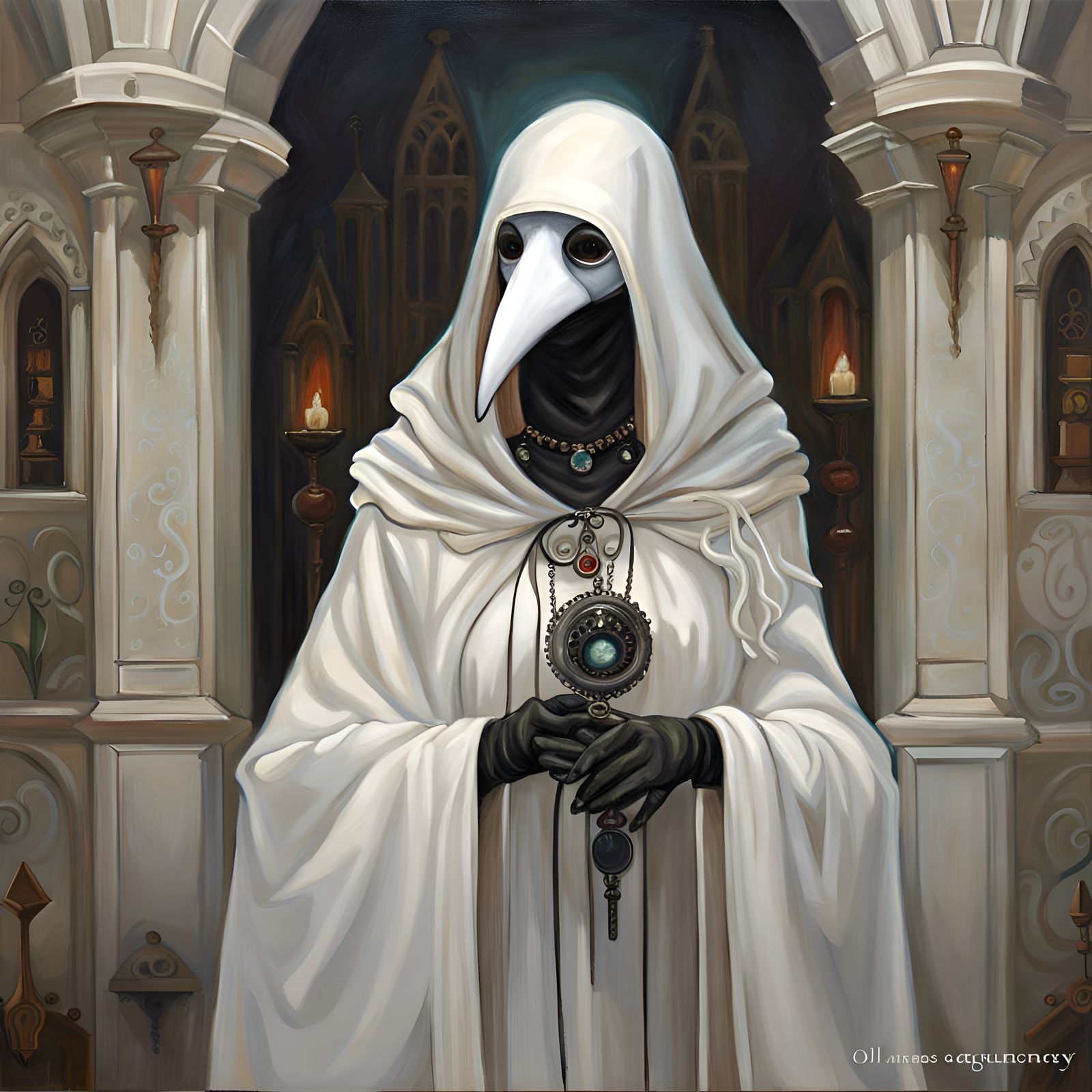Plague Doctor in White Robes with Healing Crystals