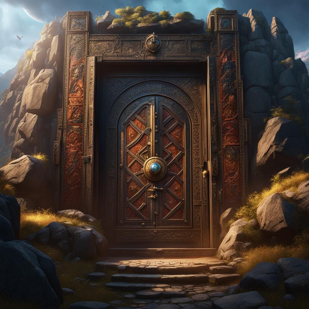 Ancient Runestone Door Between Cliffs: Dark Fantasy Art