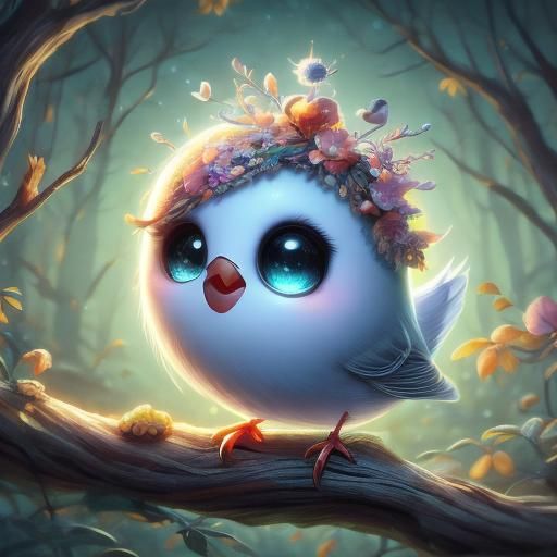 Whimsical Bird on Branch in Fantasy Art Style