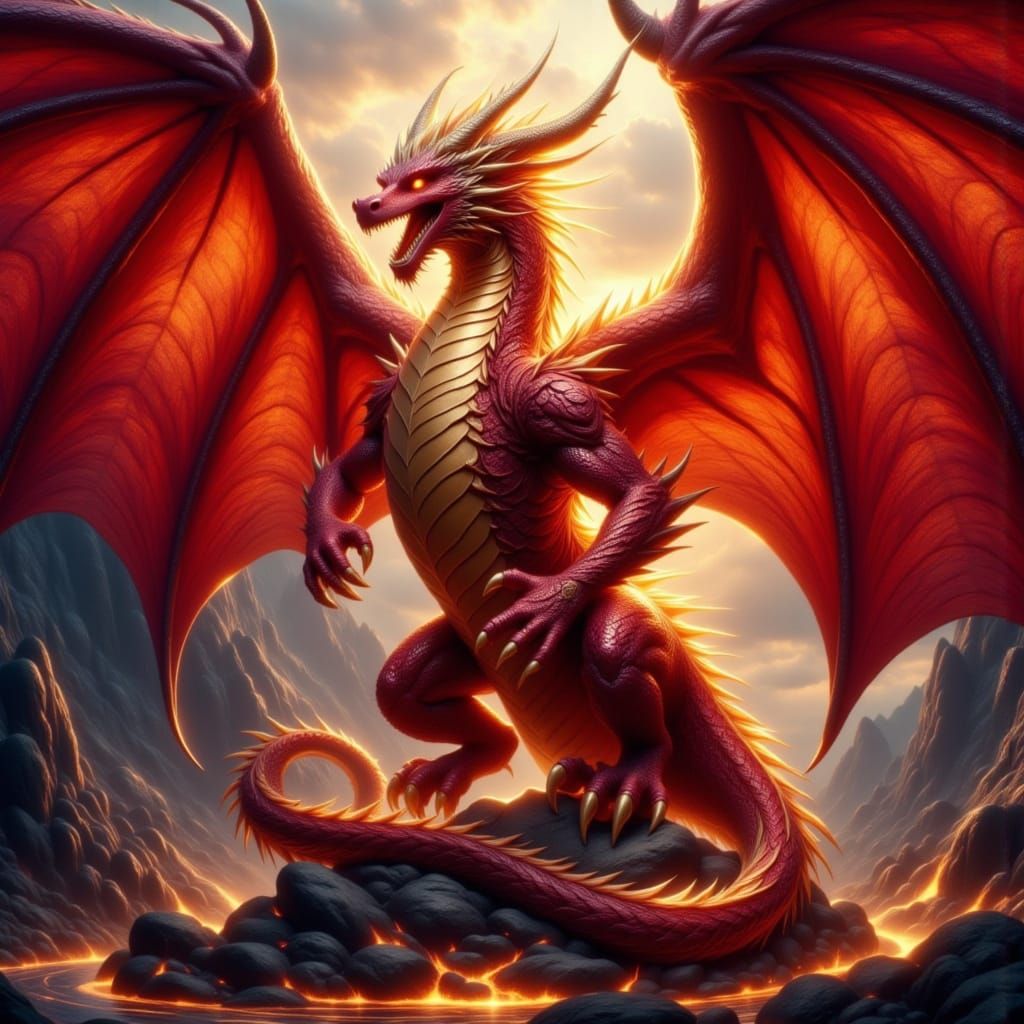 Surreal Red and Golden Dragon with Majestic Wings in a Mysti...