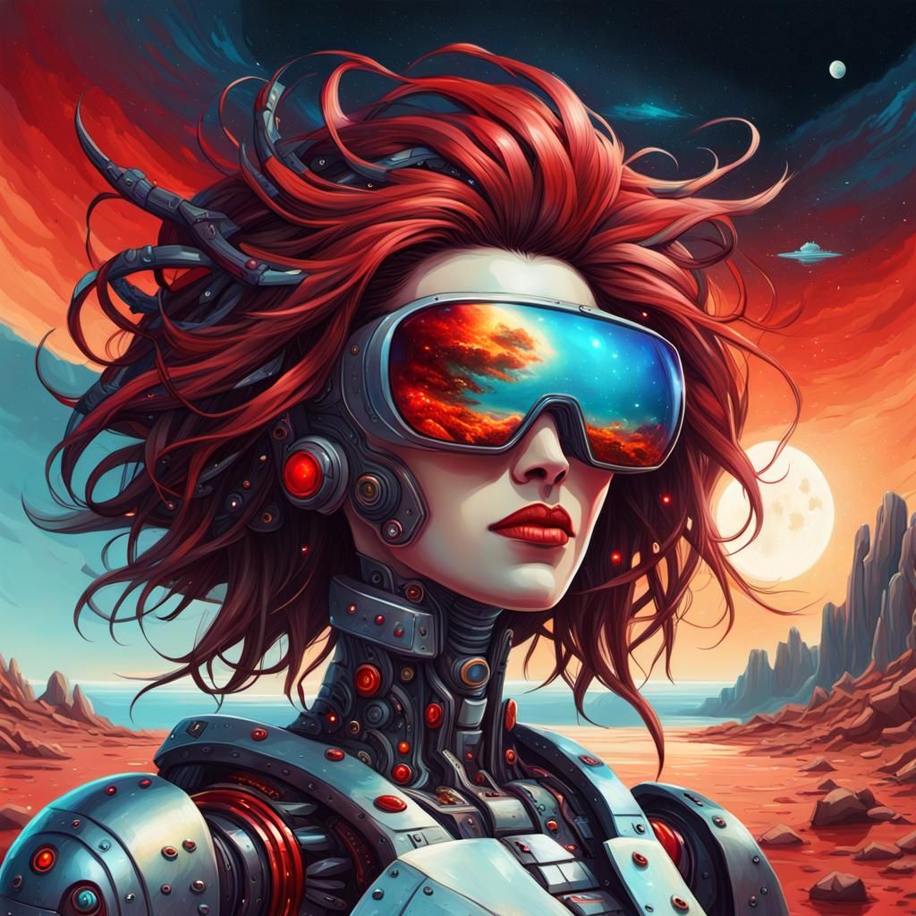 Cyberpunk Robot Girl with Cosmic Hair and Sunglasses
