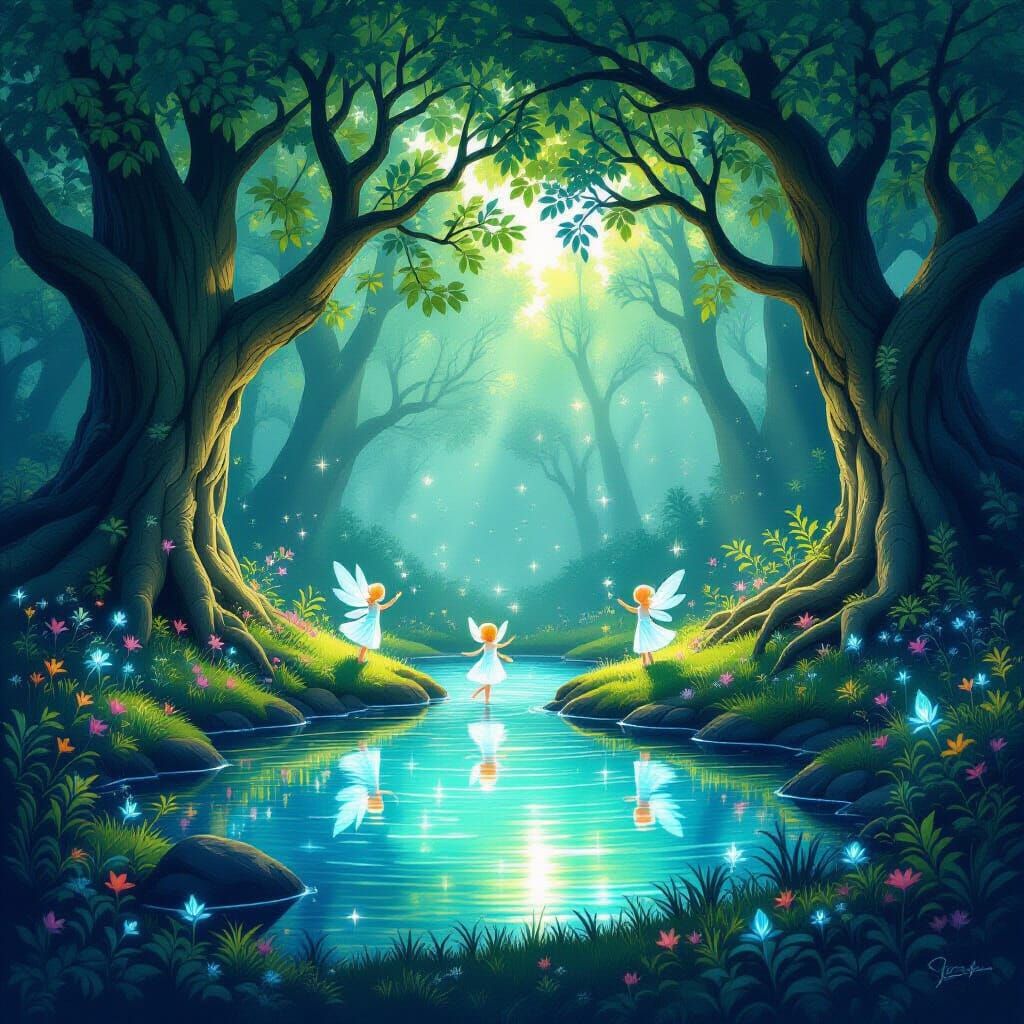 Enchanted Glade with Dancing Sprites and Glowing Trees