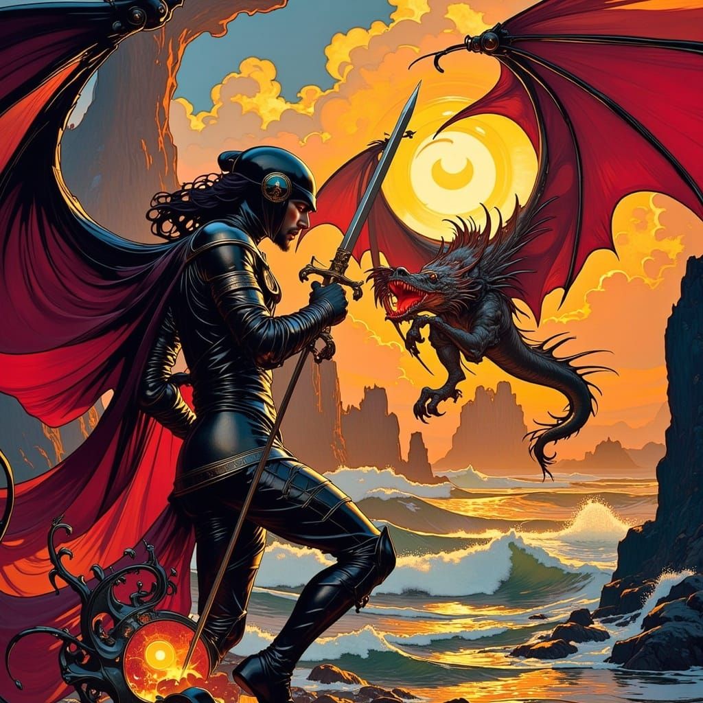 Ethereal Medieval Knight Battles Dragon in Art Nouveau Style