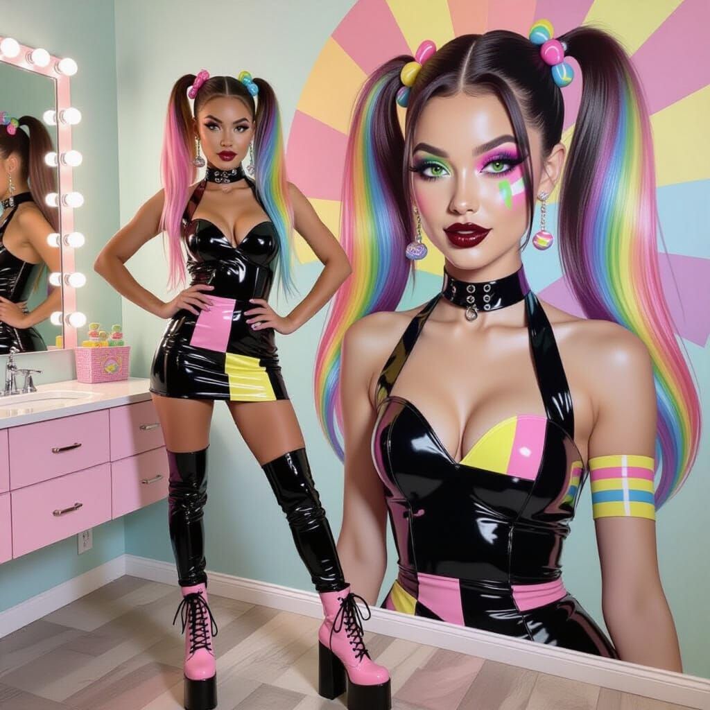 Fashionable Woman in Latex Dress with Rainbow Hair