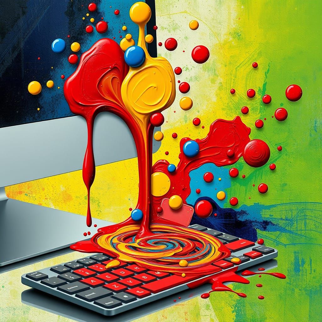 Surreal Oil Paints Splatter on Modern Keyboard in Dynamic Ab...