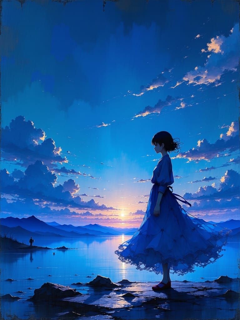 Woman by Lake Under Twilight Sky in Painterly Anime Style