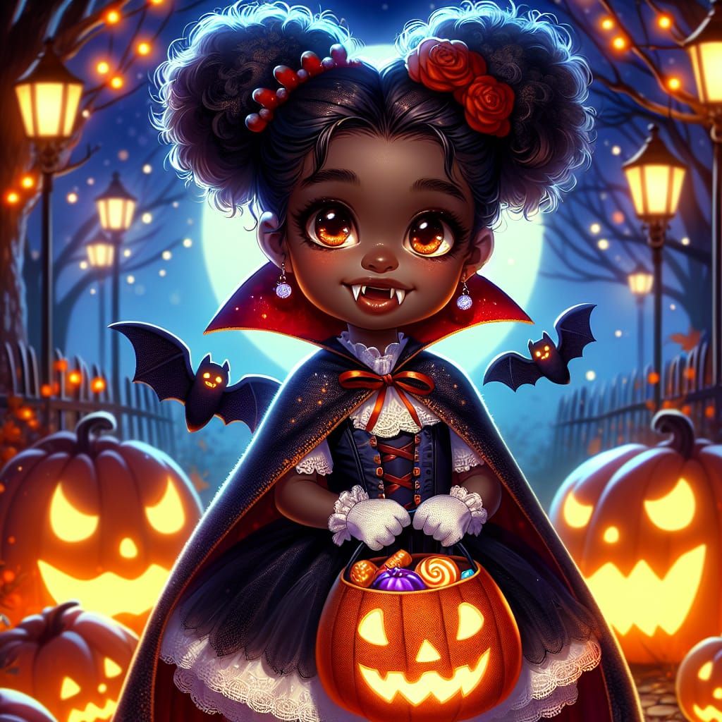 Adorable Vampire Girl With Trick-or-Treat Bag