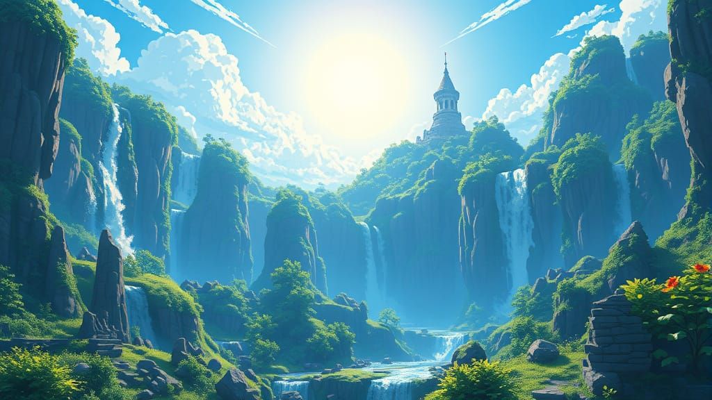 Pixel Art Fantasy Realm with Tower in the Distance