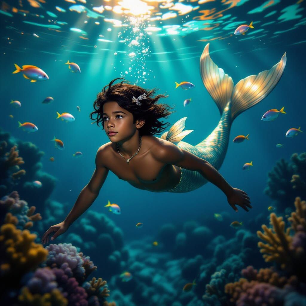 Mermaid Boy Swimming in Moonlit Ocean: Photorealistic Style
