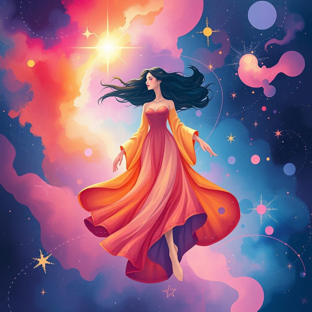 Cosmic Woman Floating Among Nebulae in Digital Art Style