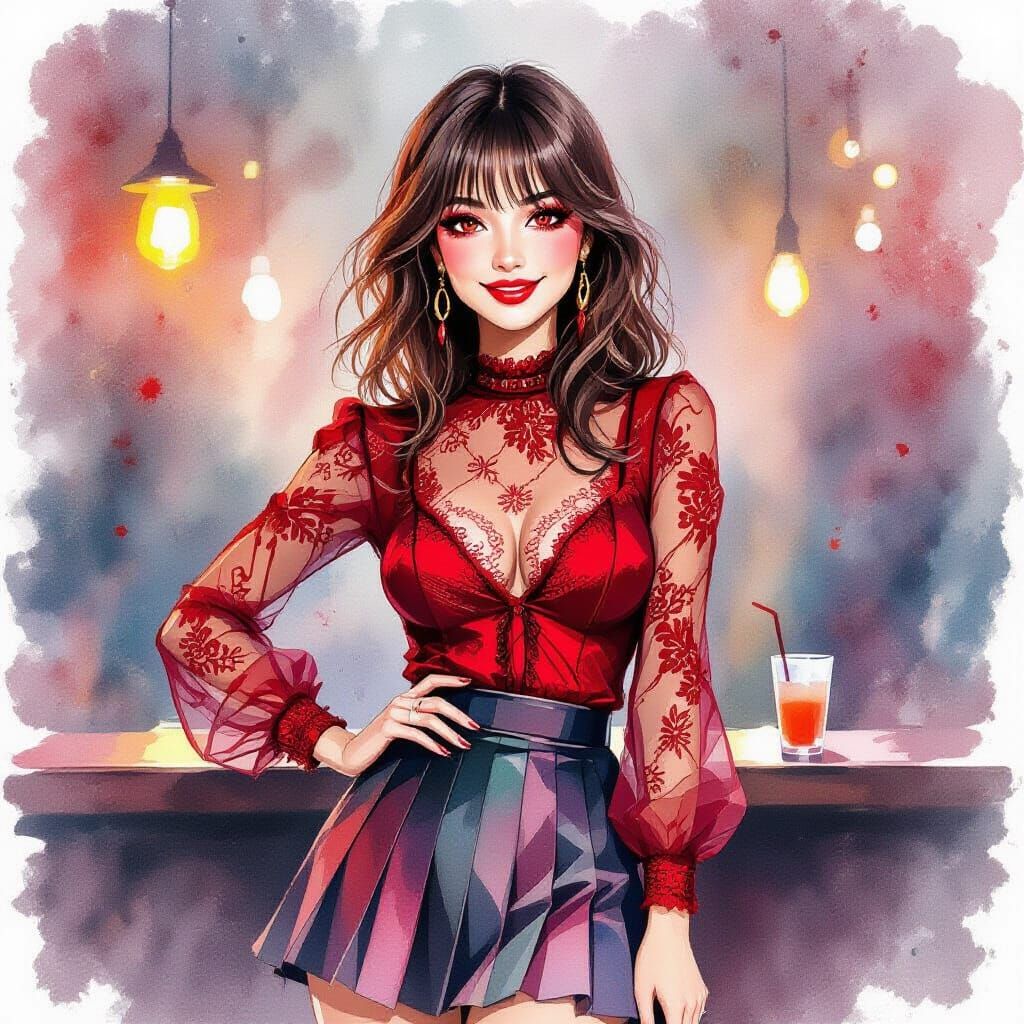 Woman in Red Lace Blouse, Watercolor Style